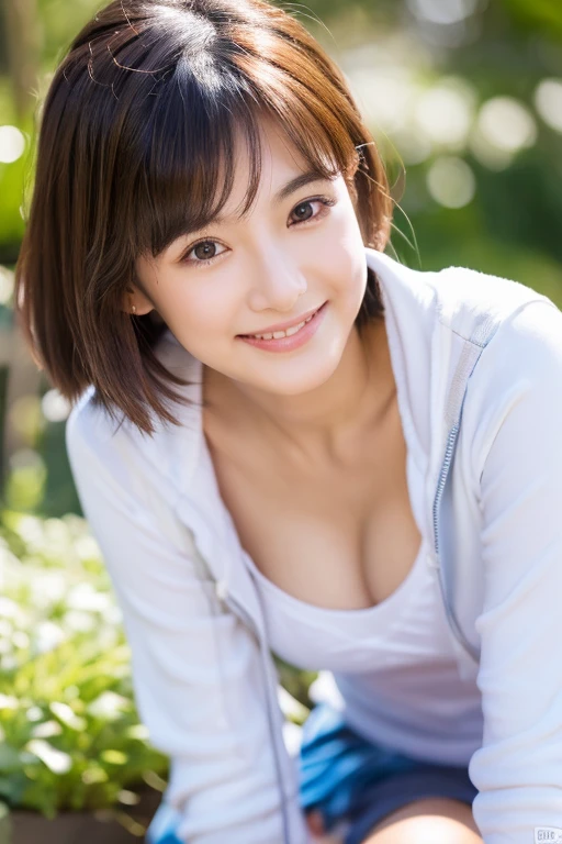 (masterpiece:1.4), (8K, Photorealistic, Raw photo, Best image quality: 1.4), Japanese female university student、(Random hairstyle:1.2)、Cleavage:1.2、Super detailed face、Eye for details、double eyelid、Chest to chest、Beautiful woman:1.4、Light brown hair、highest quality、masterpiece、超A high resolution、(Photorealistic:1.4)、非常に詳細でプロフェッショナルな照明のsmile、thin、smile、Short-haired、Fatal position large breasts:1.3、White hoodie、mini skirt、Date、garden、楽しそうなsmile