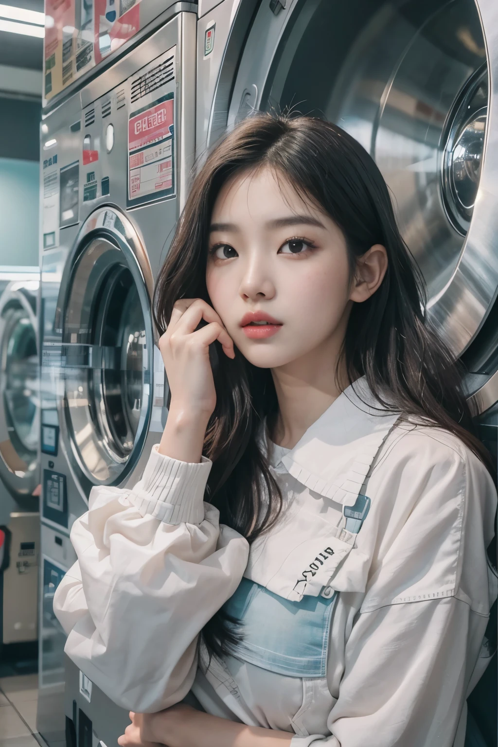 Close up of woman standing in front of washing machine, beautiful south Korean woman, gorgeous young Korean woman, on the laundry mat, beautiful young Korean woman, Korean woman, Korean female fashion model, cute korean actress, Korean woman, Jaeyeon Nam, blackpink jennie, touching her clothes, Jinyoung Shin, Heonhwa Choi, in artgerm style