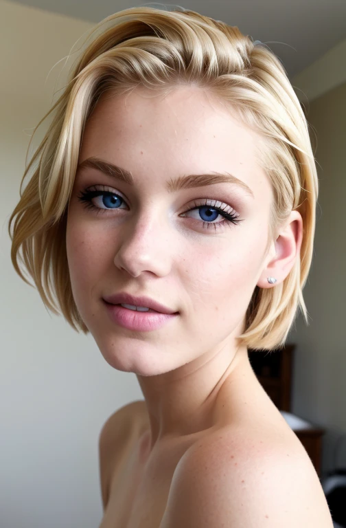 ((best quality)), ((ultra res)), ((photorealistic)), (intricate details), 19 years old, blonde hair, perfect face, make up:1.5, light on face, face detail, NAKED, short hair,