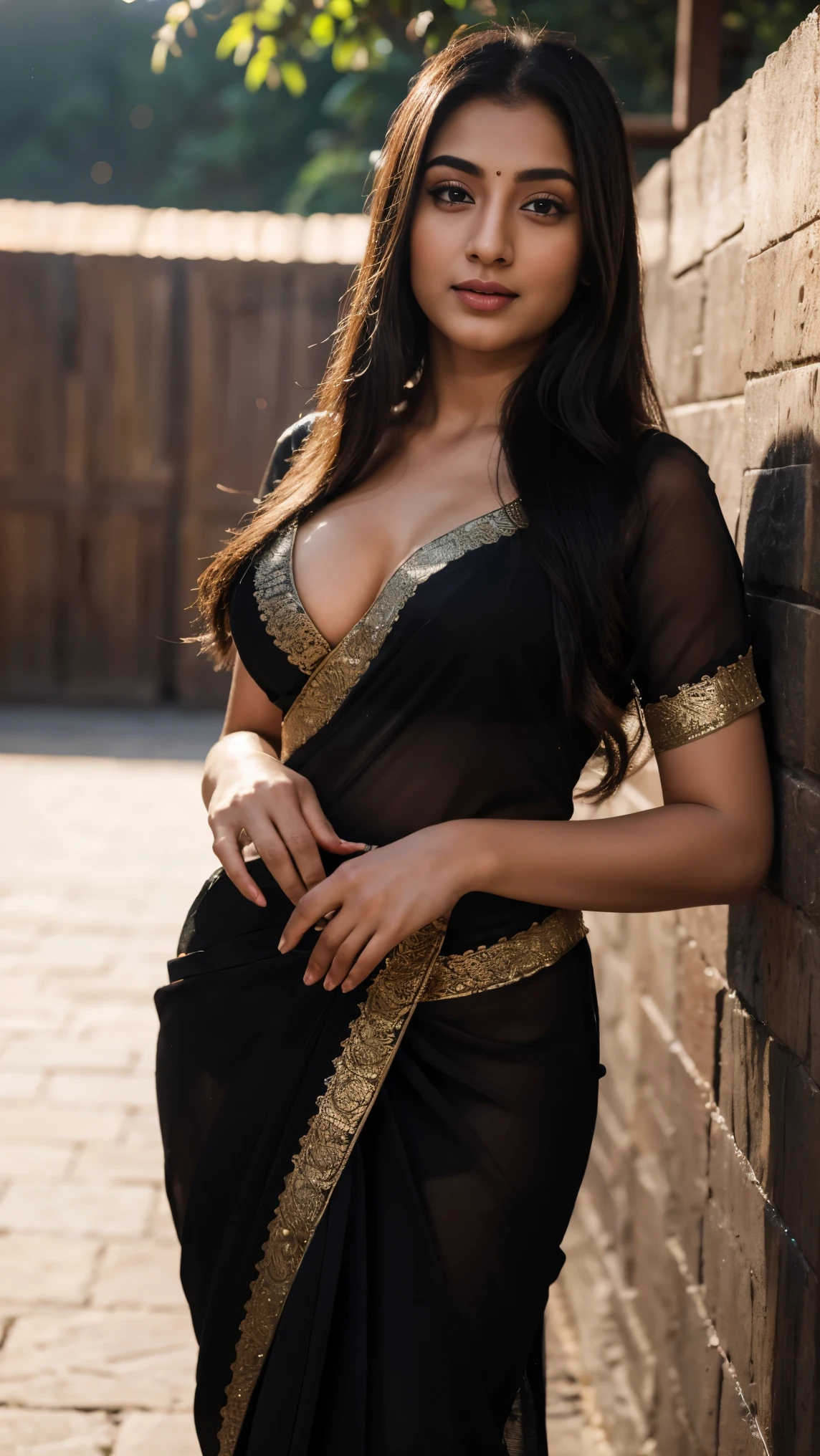 ultra-realistic photographs,Indian Instagram female model,mid 20s,9:16,mid-shot,beautiful detailed eyes,detailed lips,longeyelashes,long hair style, naturally full eyebrows,perfectly formed nose,perfectly formed full body,expressive face,attractive appearance,elegant posture,full image,graceful movement, (black saree dress), program atmosphere,night background,food ,soft and natural lighting,vivid colors,photorealistic,HDR,highres,natural lighting,ultra-detailed,bokeh,smile face,cleavage, more images