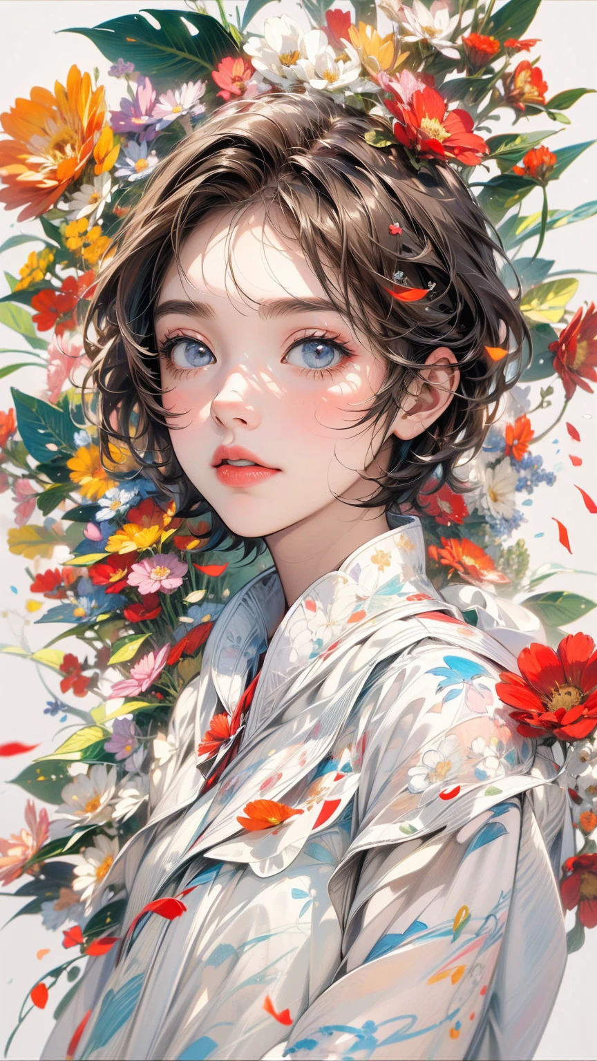 (masterpiece, High resolution, highest quality), Composition from head to thighs:1.3, Upper body focus, 20-year-old woman, Short Hair, Disorganized, Collage with petals, abstract design, Impressionism, artistic juxtapositions, White background, mixed-media approach, Anime Style, simple lines, Digital Painting,