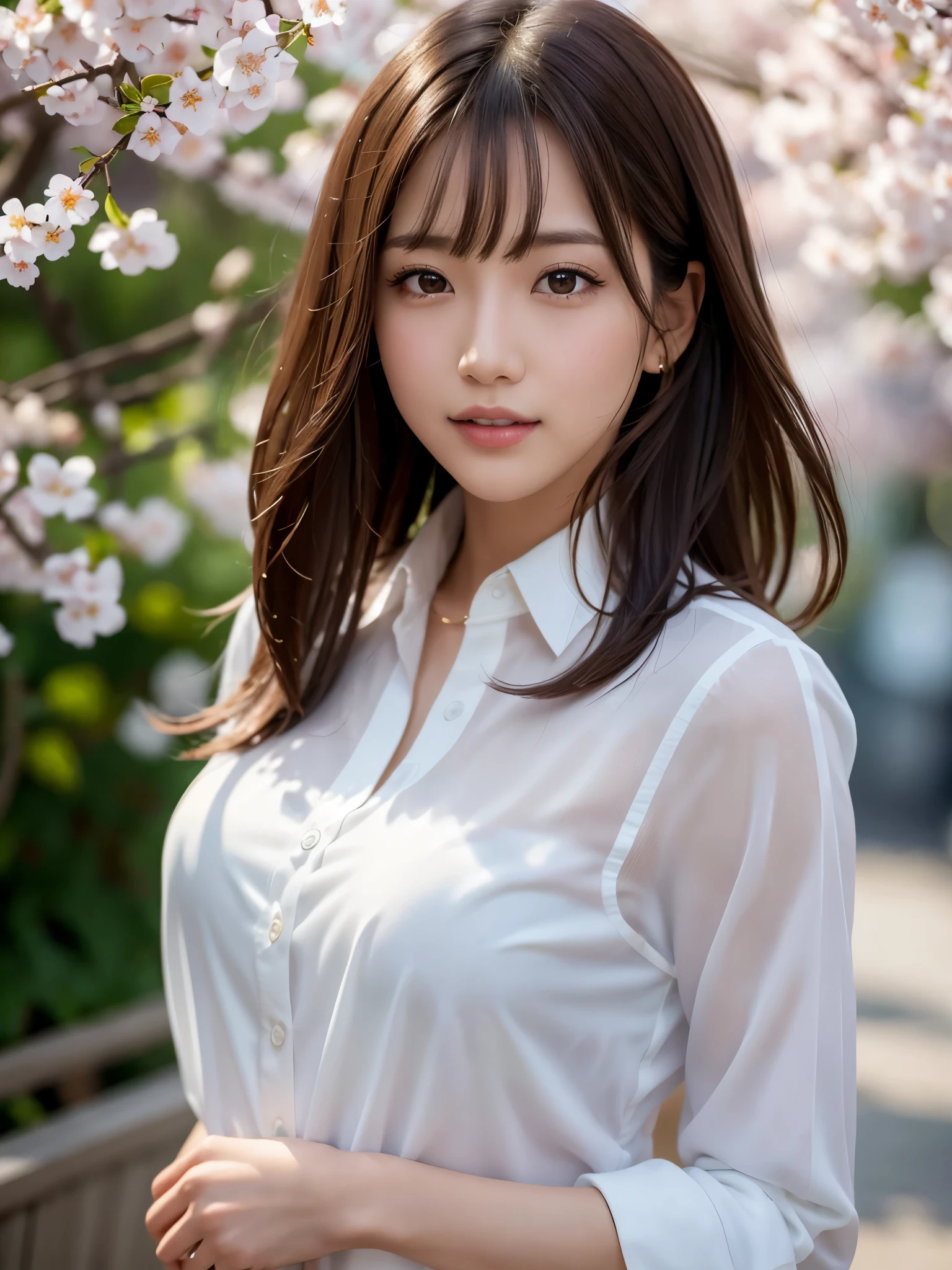 masterpiece, cowboy shot, front view, a Japanese young pretty girl, walking on a street among cherry blossom trees, wearing a marriage ring, long bob hairstyle, hyper pretty face, glamorous figure, big smile, wearing a shiny satin white blouse with collared, long length blue denim, glossy lips, big smile, double eyelids in both eyes, natural makeup, long eyelashes, shiny smooth light brown hair, asymmetrical bangs, tanned skin, central image, 8K resolution, high detail, detailed hairstyle, detailed face, cinematic lighting, octane rendering, vibrant, hyper realistic, perfect limbs, perfect anatomy