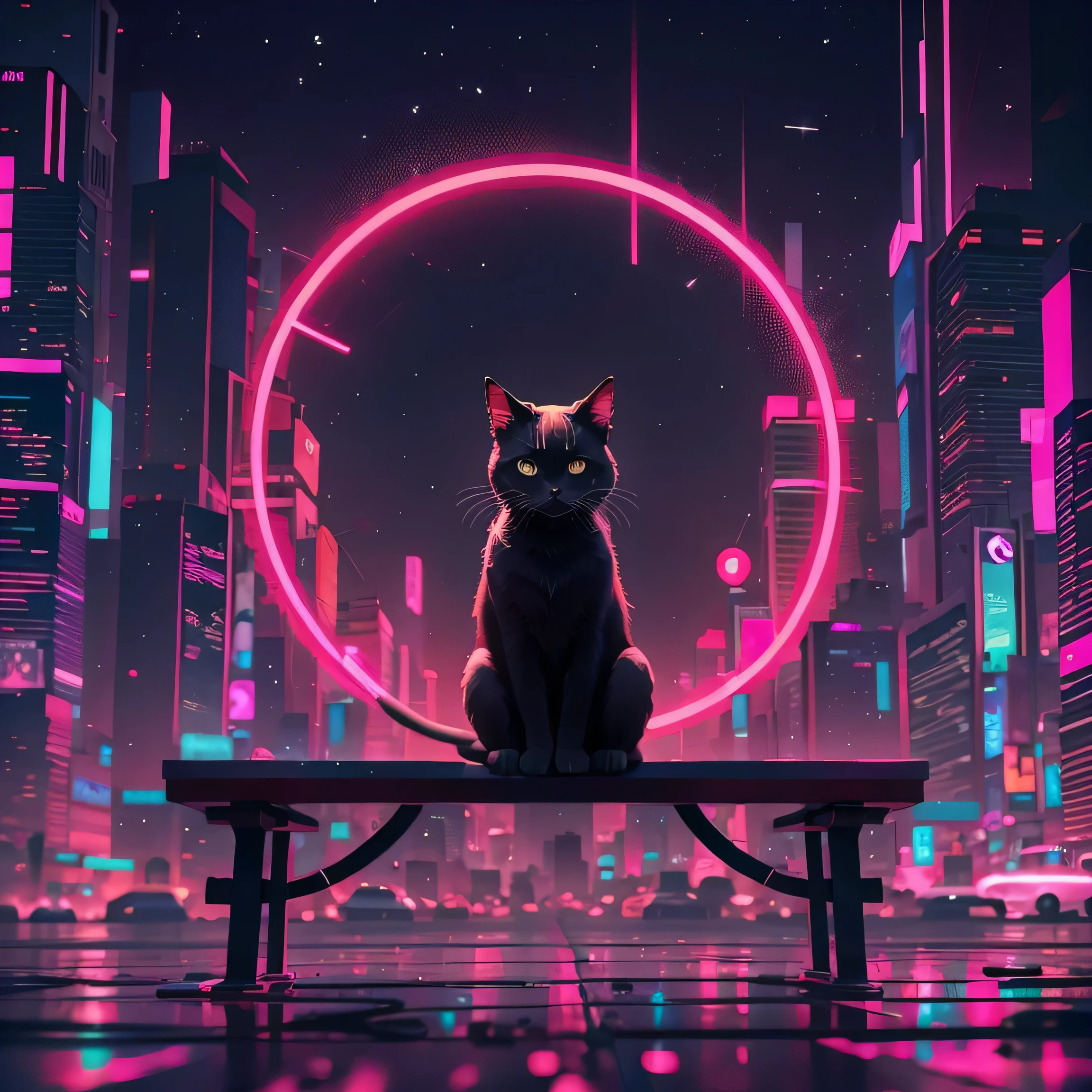 A cat is sitting on a bench in front of a neon circle, Cat from the void, Infinity symbol like a cat, Cyberpunk Cat, Minimalist wallpapers, Cat Dark God, Minimalist cinematic lighting, Metal cat ears and glowing eyes, nekomimi, red and cinematic lighting, Artistic. Alena Aenami, anime cat, Beautiful neon cat