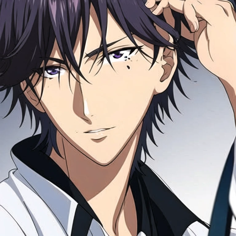 (masterpiece, best quality:1.2), 1 boy, Solitary, Male focus, Dark purple gray hair,Hair parted in the middle,(short hair),The ends of the hair are slightly raised,(There is a teardrop mole at the corner of the eye)
