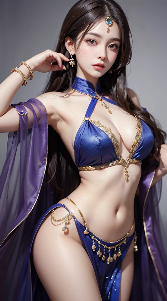 belly dancer、About 20 years old、1 female、Sparkling costumes mainly in blue、pasties、cabelos preto e longos、Beautiful face、A detailed face、Beautiful woman with well-formed eyes and nose、Beauty Dancer、slenderbody、Extraordinary Beauty、Sexy costume、Belly Dance Costumes、belly dance bar、Detailed eyes、Lifelike eyes、Beautiful makeup、8k picture、An ultra - realstic face、super realistic costume、An ultra-high picture quality、