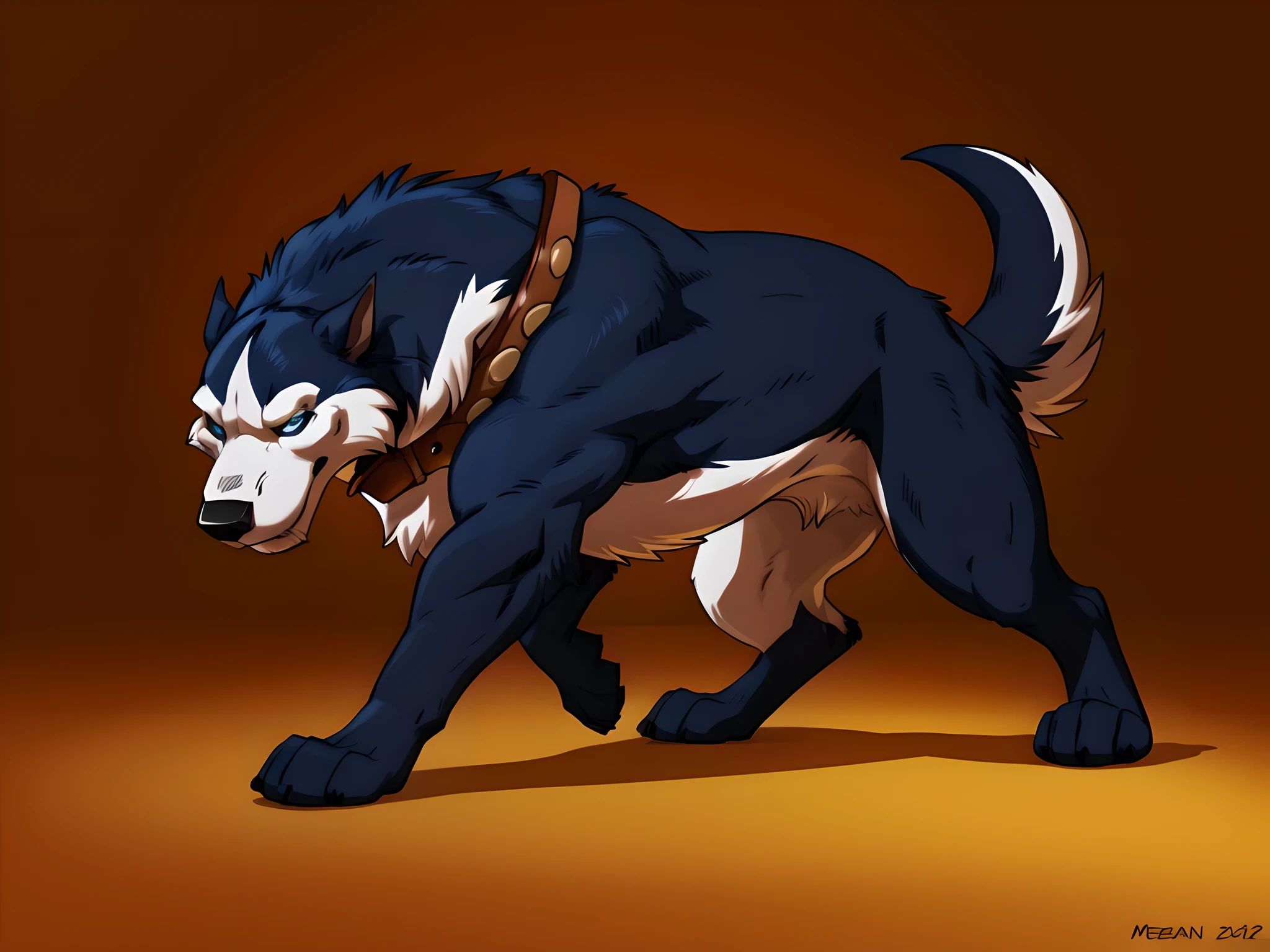 Steele_\(Balto\), 4k, high resolution, best quality, detailed, posted on e621, solo, (feral body, feral, quadruped, wide chest, pectorals):1.5, older male, masculine, male, very masculine, (very muscular, defined muscles, heavyweight, muscular front legs, muscular hind legs, muscular neck):1.2, (plain background:1.1), correct anatomy, paws, (blue eyes, detailed eyes:1.1), sexy, (cel shaded, cartoony shading, strong shadows, dramatic lighting):1.3, confident, (by wfa, by takemoto arashi, by meesh, by Taran Fiddler), strong, big collar, detailed collar, big tail, alaskan malamute, black fur, white fur