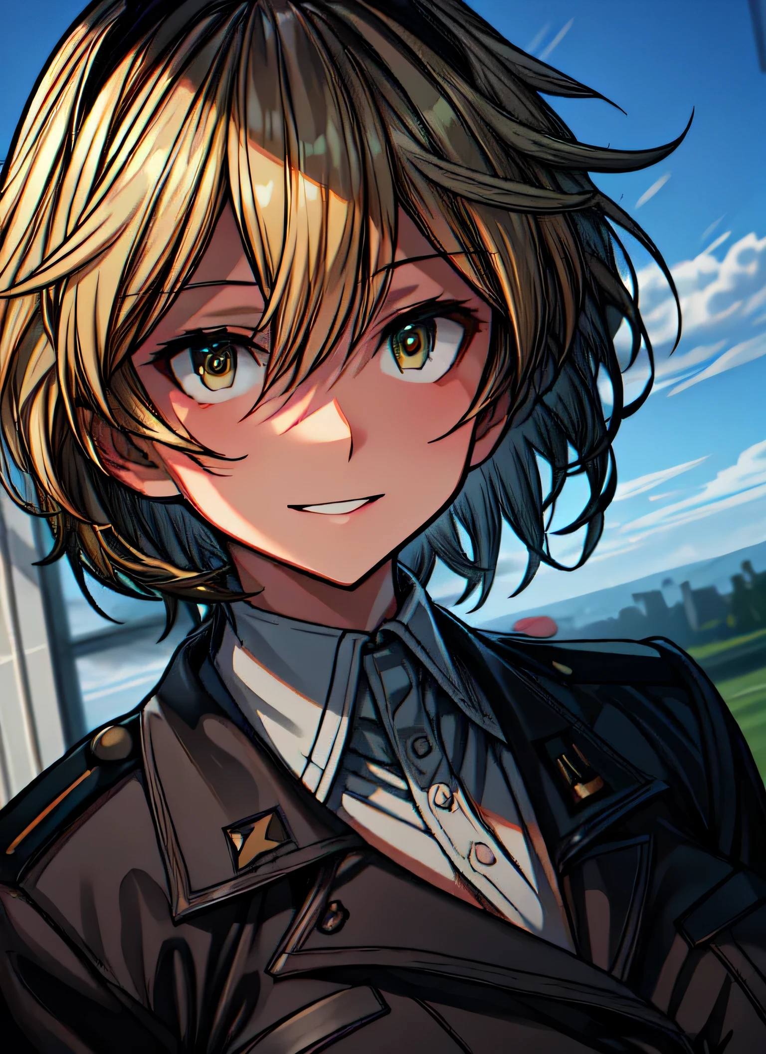 best quality, best quality, ultra-detailed, highres,sharp focus,(ultra detailed,extremely detailed), 1girl,(masterpiece, best quality), masterpiece, best quality, Krupinski, solo, smile, looking at viewer, military uniform, military airport, dim lighting, sky, clouds, dynamic angle
