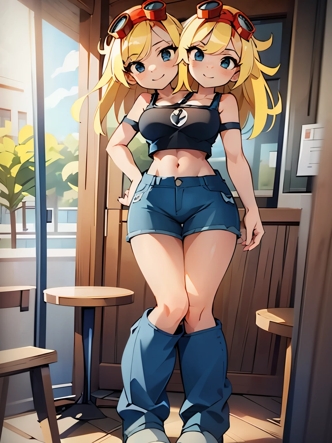 best quality, (masterpiece),(ultra-detailed), (high quality), (high resolution), ((2heads:1.5)), best quality:1.5, highres, UHD, 16K), smiling, highres, masterpiece, (blonde hair), (cleavage), (black crop top), medium long hair, ((blue denim shorts:1.5)), lustrous and smooth skin, (mature woman), (black eyes), (cute face), (exposed midriff), seductive silhouette, ((slim hips)), casual dress, sexy proportions, young girl with accentuated slender abs, long legs, seductive woman, lustrous woman, (large breasts), detailed eyes