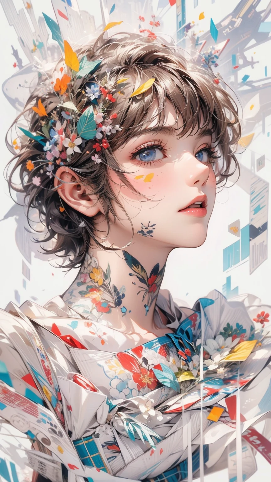 (masterpiece, High resolution, highest quality), Composition from head to thighs:1.3, Upper body focus, 20-year-old woman, Short Hair, Disorganized, Collage with petals, abstract design, Impressionism, artistic juxtapositions, White background, mixed-media approach, Anime Style, simple lines, Digital Painting,