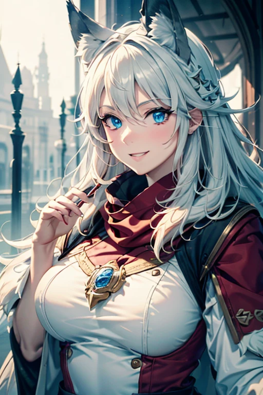 (best quality,4k,8k,highres,masterpiece:1.2),ultra-detailed,realistic,photorealistic:1.37, Fox woman with straight wavy white hair and blue eyes with an evil smile wearing a white and red kimono 