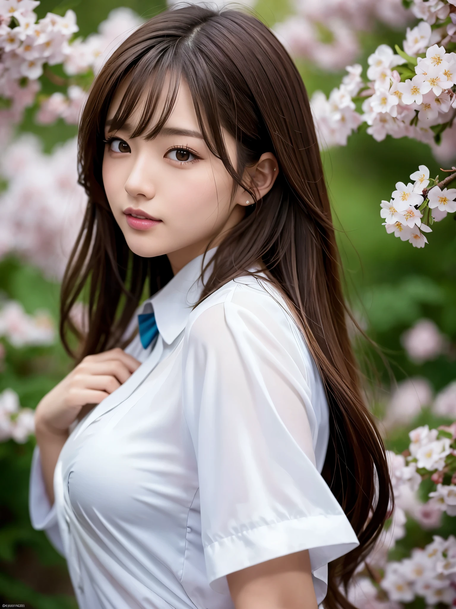 masterpiece, cowboy shot, front view, a Japanese young pretty girl, walking on a street among cherry blossom trees, wearing a marriage ring, long bob hairstyle, hyper pretty face, glamorous figure, big smile, wearing a shiny satin white blouse with collared, long length blue denim, glossy lips, big smile, double eyelids in both eyes, natural makeup, long eyelashes, shiny smooth light brown hair, asymmetrical bangs, tanned skin, central image, 8K resolution, high detail, detailed hairstyle, detailed face, cinematic lighting, octane rendering, vibrant, hyper realistic, perfect limbs, perfect anatomy