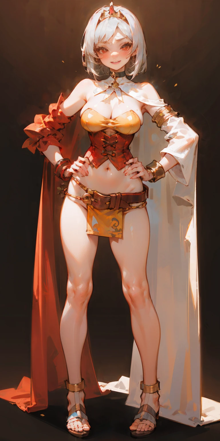 ((BLACK BACKGROUND,1:2, masterpiece)), full body MILF BIMBO standing with two long thighs and two high heels, red eyes, silver white hair, short bob style hair, big breasts, cleavage, separate sleeves, tiara royal, long cape up to two feet, yellow bikini, hands on waist, navel, lustful smirking smiling, smile face (red blushed, red cheeks), metal shoulders, gold sleeveless armbands, black leather choker slave collar, shackle bracelets, sex slave red crest, full body MILF BIMBO standing with two long thighs and two metal sandals, red eyes, silver white hair, short bob style hair, big breasts, cleavage, separate sleeves, tiara royal, long cape up to two feet, yellow bikini, hands on waist, navel, lustful smirking smiling, smile face (red blushed, red cheeks), metal shoulders, gold sleeveless armbands, black leather choker slave collar, shackle bracelets, sex slave red crest, pauldrons, breastplate, corset, eye focus, full body, whole body. 1solo . slave fighter, loincloth standing, hands on hips, metal sandals, backpack, choker, big belt, view from below, feet together, bracers, tiara)