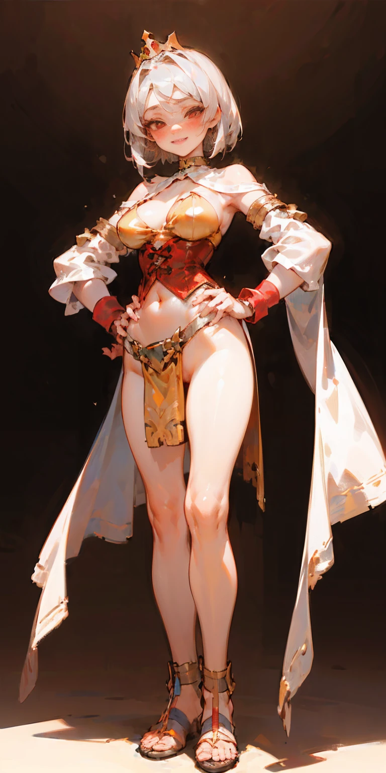 ((BLACK BACKGROUND,1:2, masterpiece)), full body MILF BIMBO standing with two long thighs and two high heels, red eyes, silver white hair, short bob style hair, big breasts, cleavage, separate sleeves, tiara royal, long cape up to two feet, yellow bikini, hands on waist, navel, lustful smirking smiling, smile face (red blushed, red cheeks), metal shoulders, gold sleeveless armbands, black leather choker slave collar, shackle bracelets, sex slave red crest, full body MILF BIMBO standing with two long thighs and two metal sandals, red eyes, silver white hair, short bob style hair, big breasts, cleavage, separate sleeves, tiara royal, long cape up to two feet, yellow bikini, hands on waist, navel, lustful smirking smiling, smile face (red blushed, red cheeks), metal shoulders, gold sleeveless armbands, black leather choker slave collar, shackle bracelets, sex slave red crest, pauldrons, breastplate, corset, eye focus, full body, whole body. 1solo . slave fighter, loincloth standing, hands on hips, metal sandals, backpack, choker, big belt, view from below, feet together, bracers, tiara)