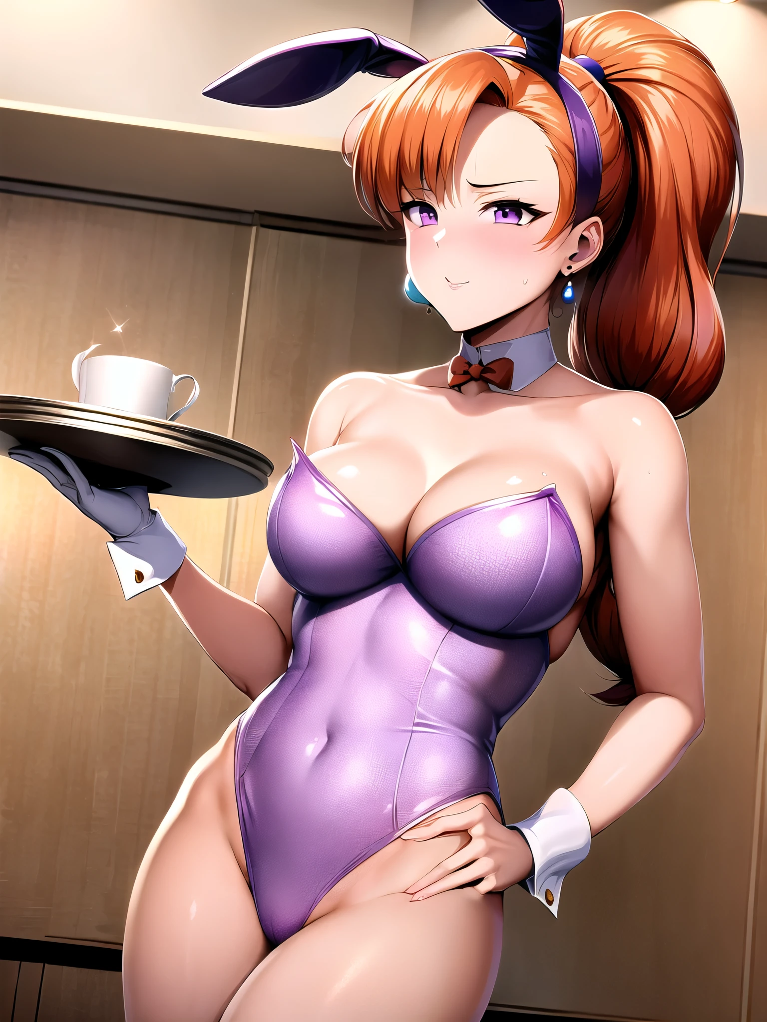 masterpiece,highest quality,High resolution,Super detailed,barbara \(DQ6\),Purple Eyes,Orange Hair,Long Hair,High Ponytail,Earrings,Bunny ears,Playboy Bunny,casino,Holding Tray,Embarrassing,blush,Are standing,