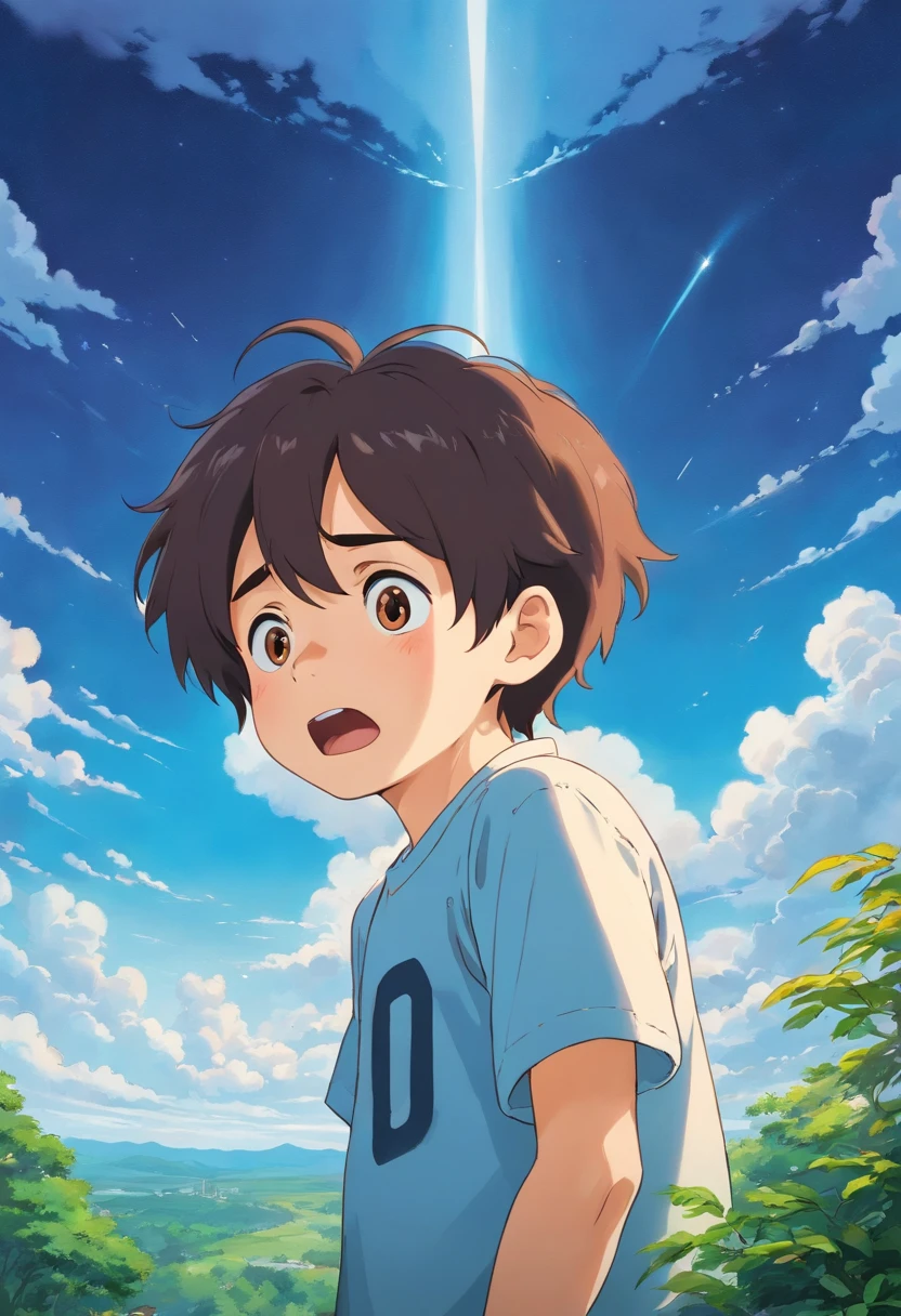 Boy crying looking up at the sky ,Wearing a t-shirt with the word on it "farqon"