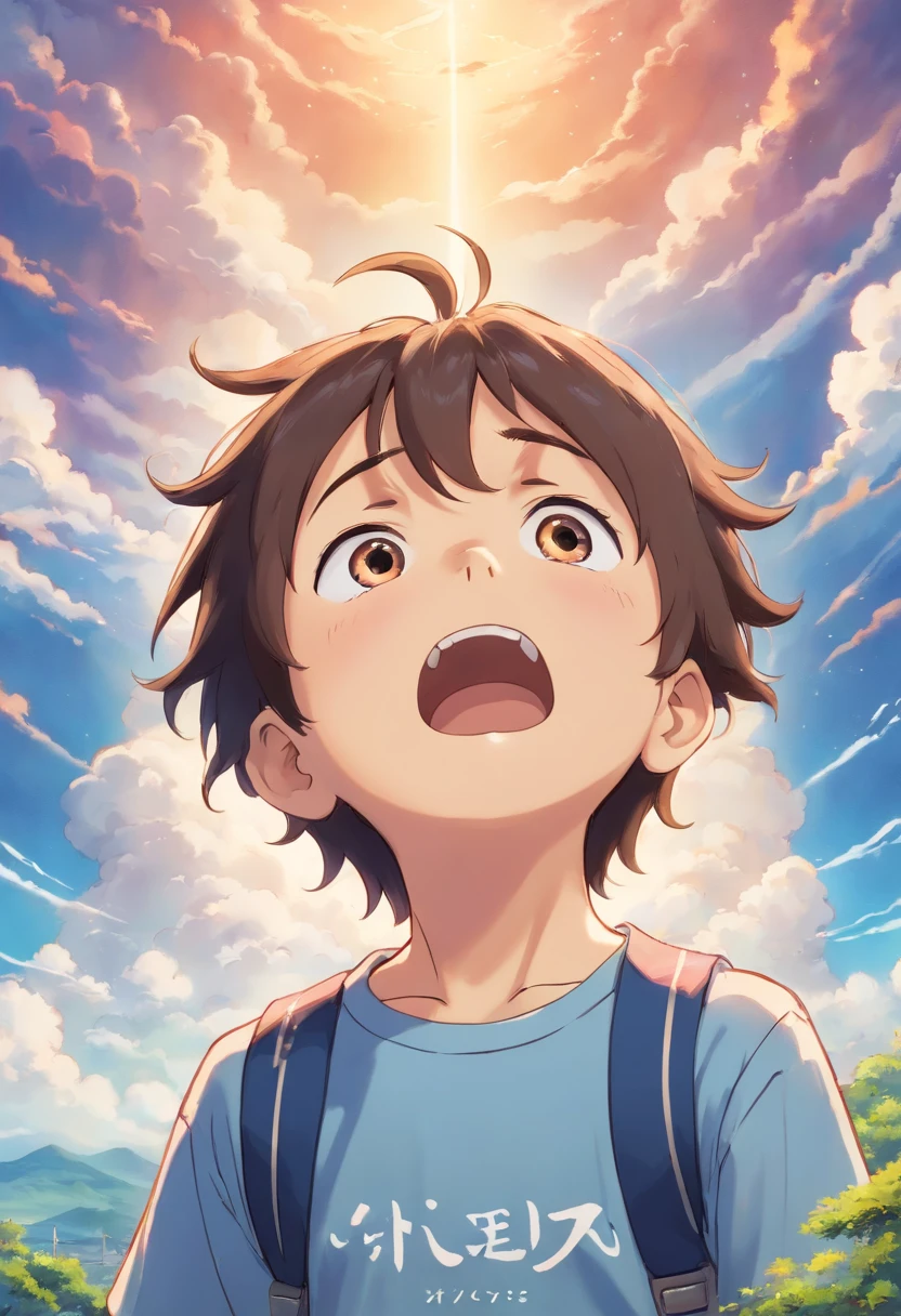 Boy crying looking up at the sky ,Wearing a t-shirt with the word on it "farqon"