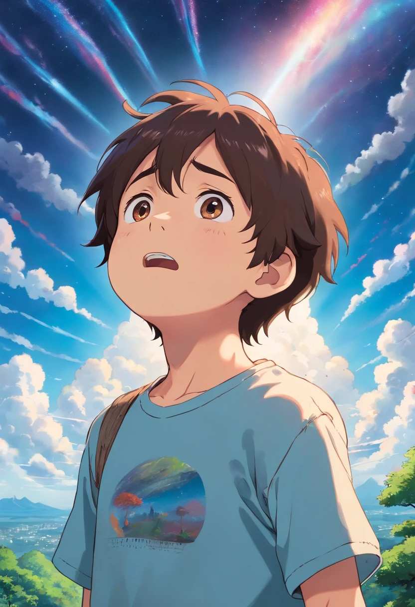 Boy crying looking up at the sky ,Wearing a t-shirt with the word on it "farqon"