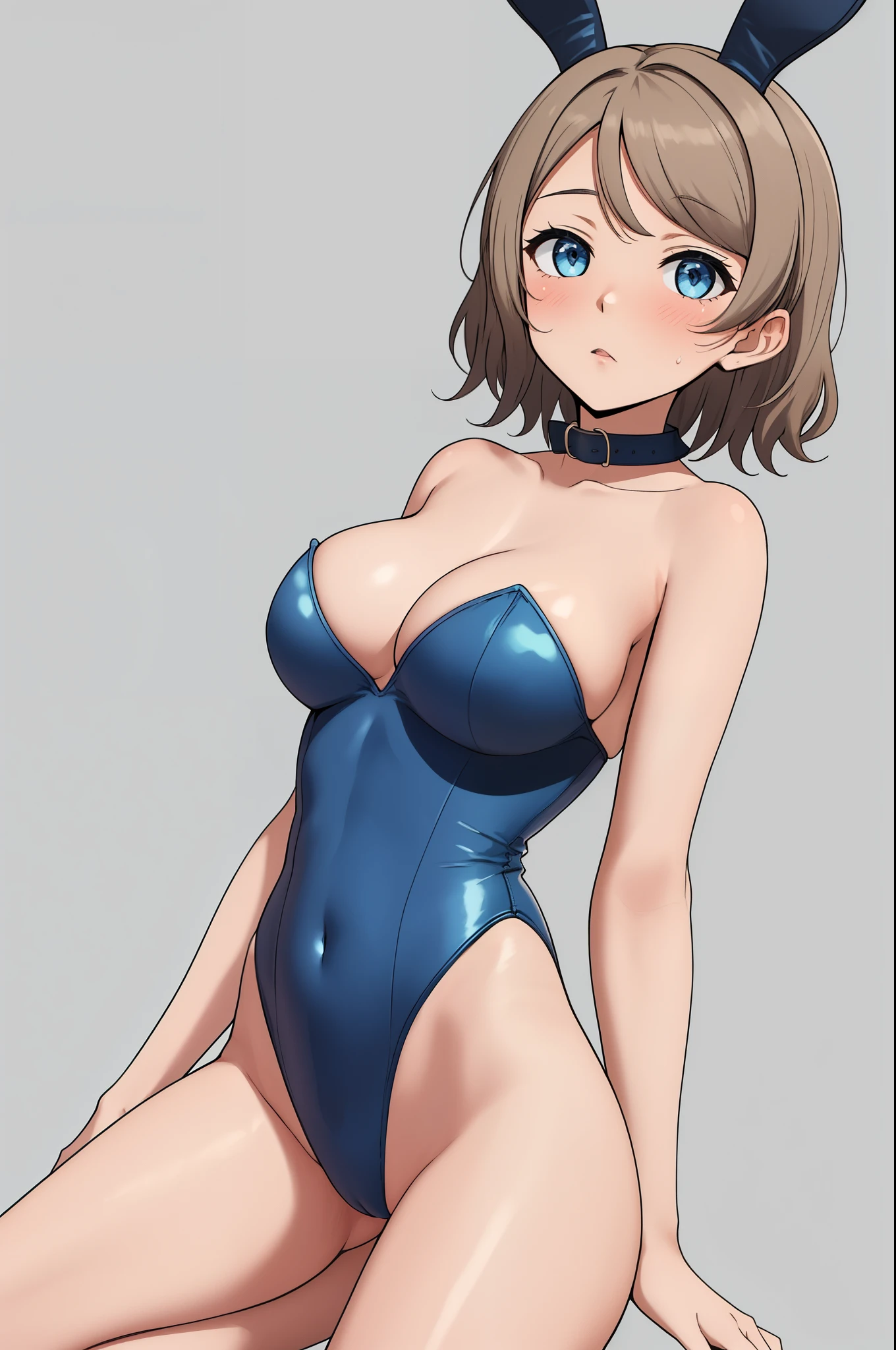 Masterpiece,solo, simple background,Watanabe you,blush, short_hair, blue_eyes, large_breasts, bare_shoulders, rabbit_ears, leotard, bare_legs, strapless, detached_collar, playboy_bunny, flying_sweatdrops, rabbit_tail, cyan_leotard, partially visible pussy 