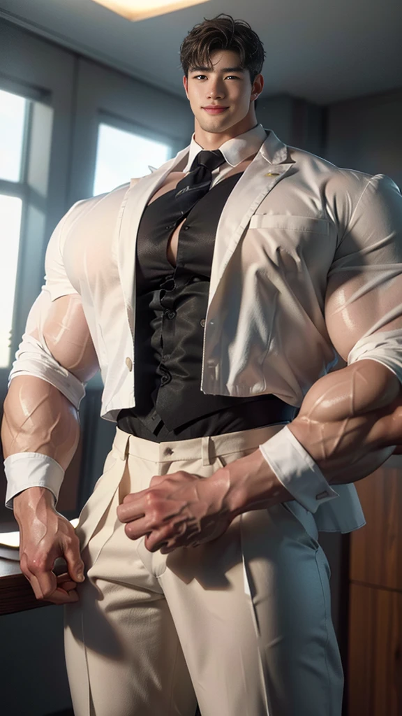 (best quality:1.5, hyperrealistic:1.5, photorealistic:1.4, madly detailed CG unity 8k wallpaper:1.5, masterpiece:1.3, enthusiastically detailed photo:1.2), (hyper-realistic lifelike texture:1.4), highly detailed, ((masterpiece, best quality)) ,extremely detailed 8K wallpaper, 1 korean male, (korean man with k-pop idol look), 20yo, handsome, detailed face, heavy muscular, stubble, formal suit & pants, prominent bulge, photo real, illuminating light, sexy, big, brutalmass, giant, muscular body, bulk, massive body, large size, smile, office
