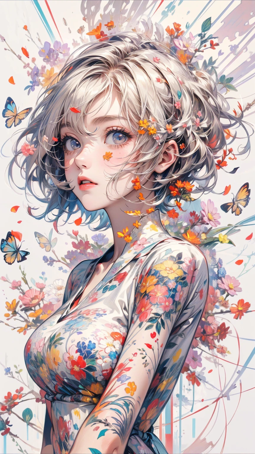 (masterpiece, High resolution, highest quality), Composition from head to thighs:1.3, Upper body focus, 20-year-old woman, Short Hair, Disorganized, Collage with petals, abstract design, Impressionism, artistic juxtapositions, White background, mixed-media approach, Anime Style, simple lines, Digital Painting,