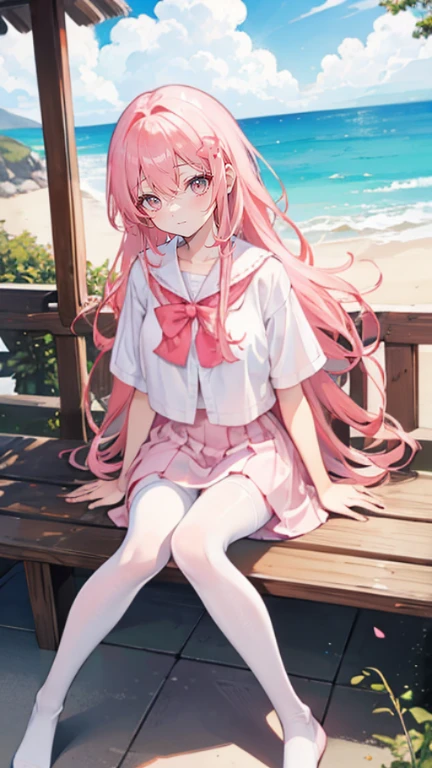 Coral pink hair,Long hair,hair over one eye,Gray eyes,feather hair ornament,cute,Girl,laughing expression,White short sleeve,Short skirt,White silk pantyhose,White silk pantyhose,No shoes on your feet,Sitting on the ground,whole body,Don't show your arms,In the background is a chalet by the sea,many clouds