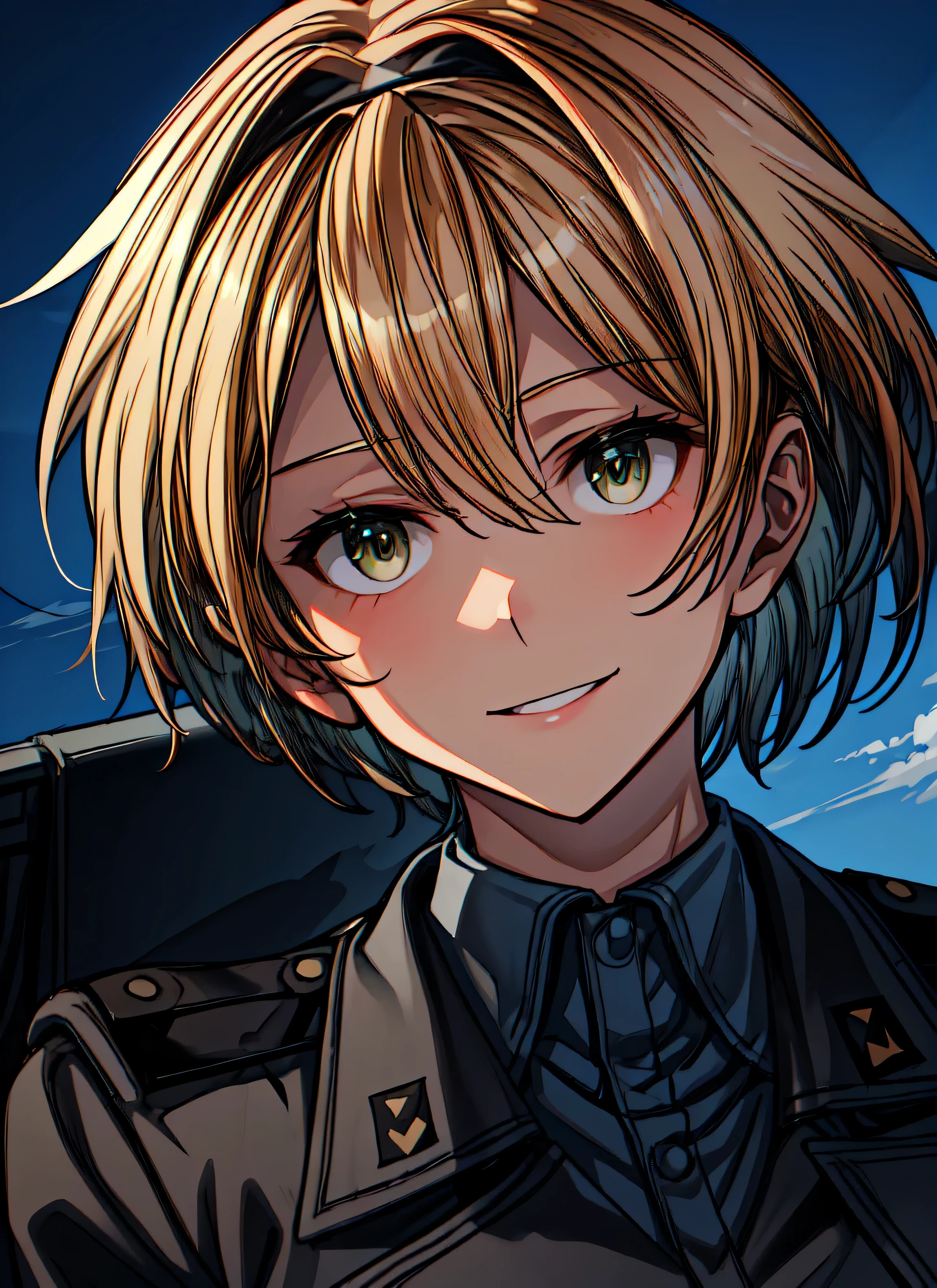 best quality, best quality, ultra-detailed, highres,sharp focus,(ultra detailed,extremely detailed), 1girl,(masterpiece, best quality), masterpiece, best quality, Krupinski, solo, upper body, smile, looking at viewer, military uniform, military airport, dim lighting, sky, clouds, dynamic angle
