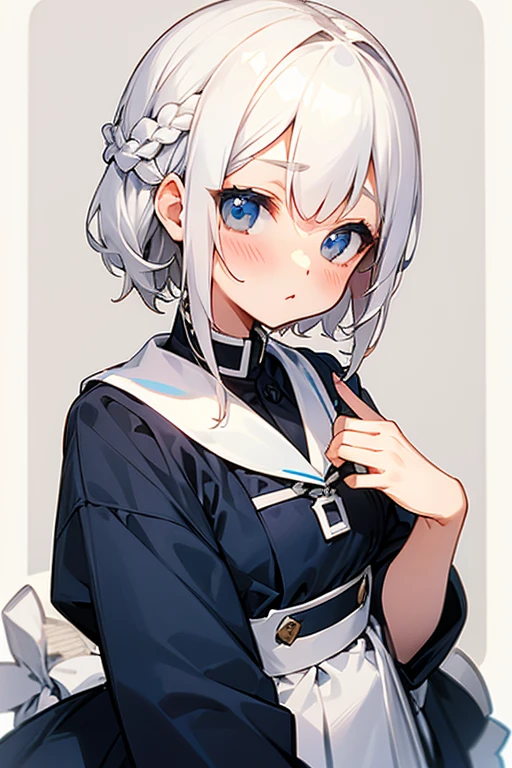 Short white hair, blush, Navy and white checkered clothing、Braiding、