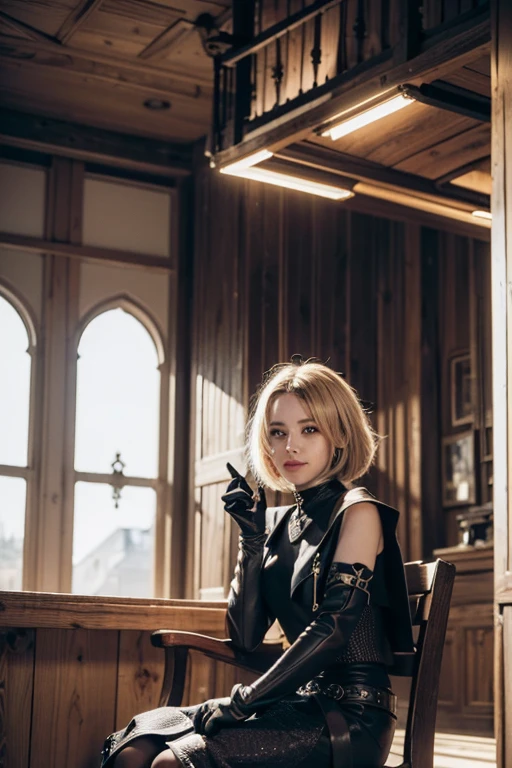 1 Girl, ((Black Armor, ), Looking at the audience, Smile, cliff, Sitting, Blonde hair, short hair, black eyes, (Movie Lighting, best quality, masterpiece, High Detail, best quality, high resolution, HD,
4K, 8k, Super Detail)