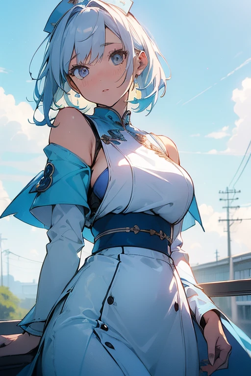 (Low Saturation:1.5),anime,1girl,pov,masterpiece,high quality,High resolution,HD,4K,8K,viscous paint,photo realistic,white hair,(Blue clothe:1.5),Nurse,Ao Dai,Cape,(open shoulders:1.4),underbust,(Type up breast upperside:1.2),(boob shaped clothes:1.3),