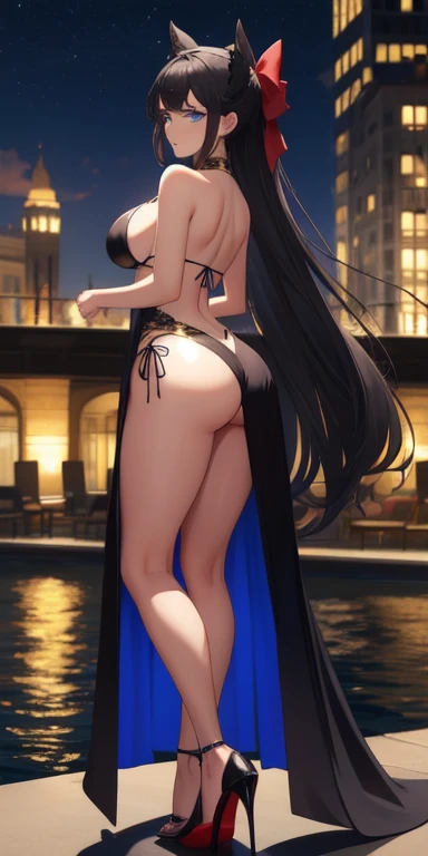 (work of art), (masterpiece), (best quality), a Black headed girl, (blue eyes), wearing bikini 2pc, big , showing beautiful backside, backside, brightly lit night city background, red bow, butterflies in golden circle, flowing hair , but g , full figure head to toes , standing beside poles , black high heels, glass black heels, full figure pic ,