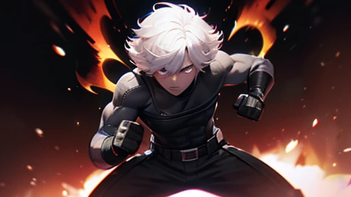 Cuerpo de color blanco, pelo blanco,ropa oscura,in combat position,ojos rojos,his fists are on fire