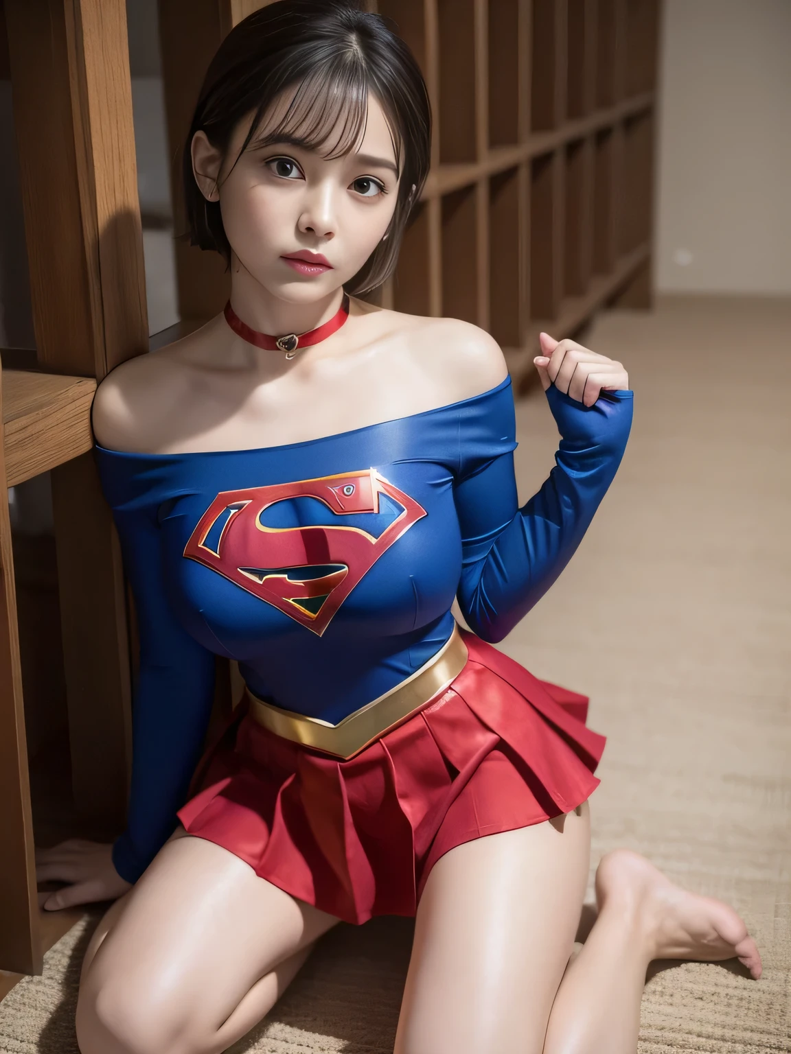 masterpiece、Supergirl Costume、short hair、barefoot、Big and ample breasts、Crisis situation、prison、camp、Kneel、Sweaty、Shiny、Look at the camera、provoke、Estrus、choker、Weekly magazine cover、Long sleeve、Red mini skirt、Humiliating、Seductive pose、Alluring、Off the shoulder、Model Body Type、Oily Skin、charm、Enchanting、abused、underground imprisonment、