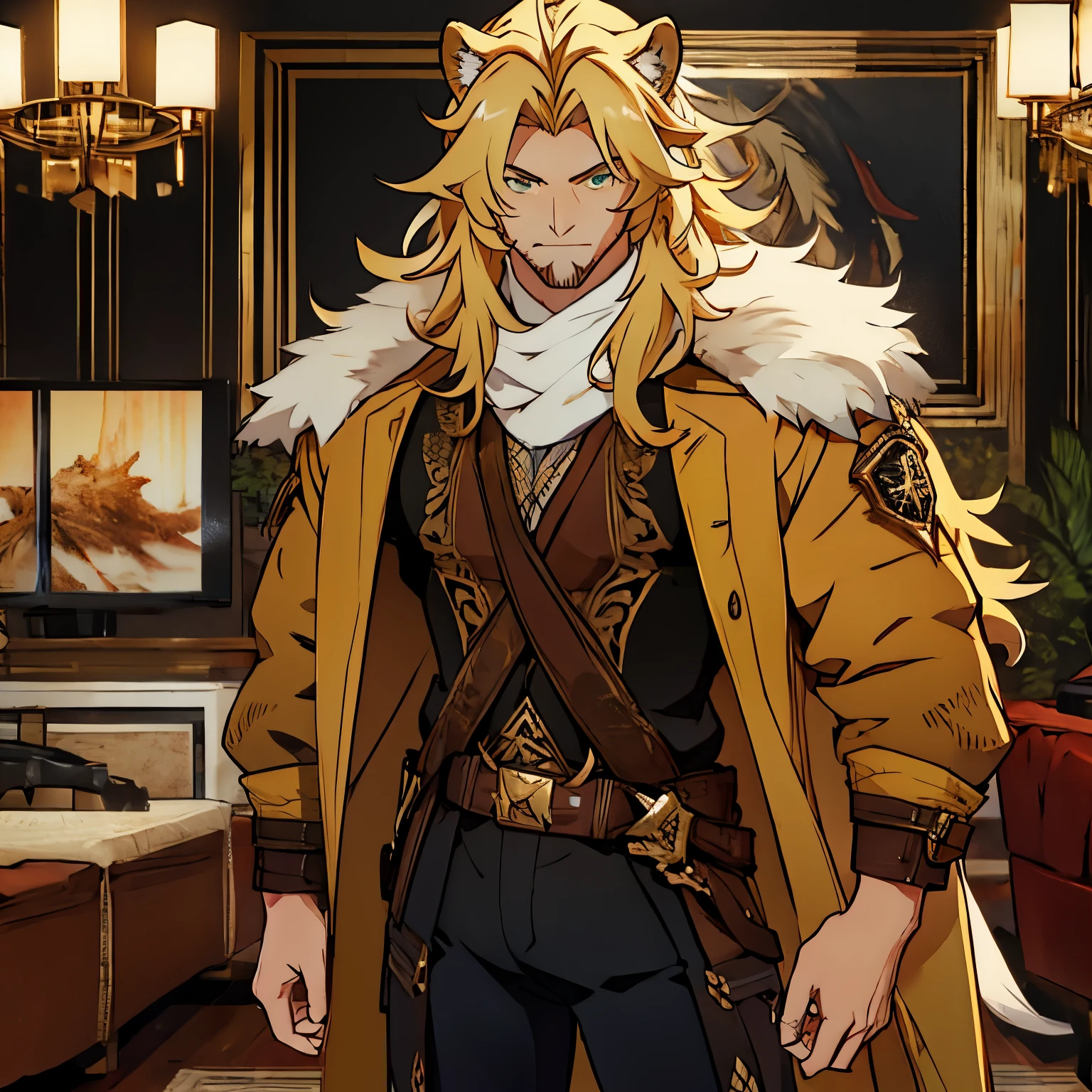 ((One male)), lion ears, very long hair, blond, blond hair, green eyes, tall, (muscular), ((fur lined coat)), beautiful face, ((highest quality)), ((masterpiece)), (2d), ((anime)), (perfect face), ((highest detail)), stubble, lion tail, wavy hair, ((far shot)), (intricate details), claws, ((solo)), ((five fingers)), cargo pants, boots, full body, (detailed eyes), ((living room background))