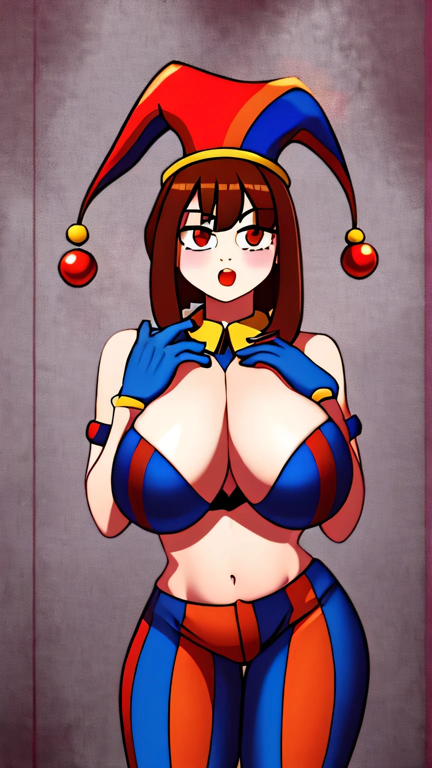 A tall girl, beautiful, big breast, long brown hair, red eyes, she wears a bra, soft chest, shows her navel, and red striped pants, blue stripes, and wears clown gloves.