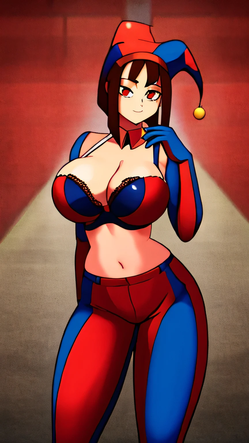 A tall girl, beautiful, big breast, long brown hair, red eyes, she wears a bra, soft chest, shows her navel, and red striped pants, blue stripes, and wears clown gloves. 