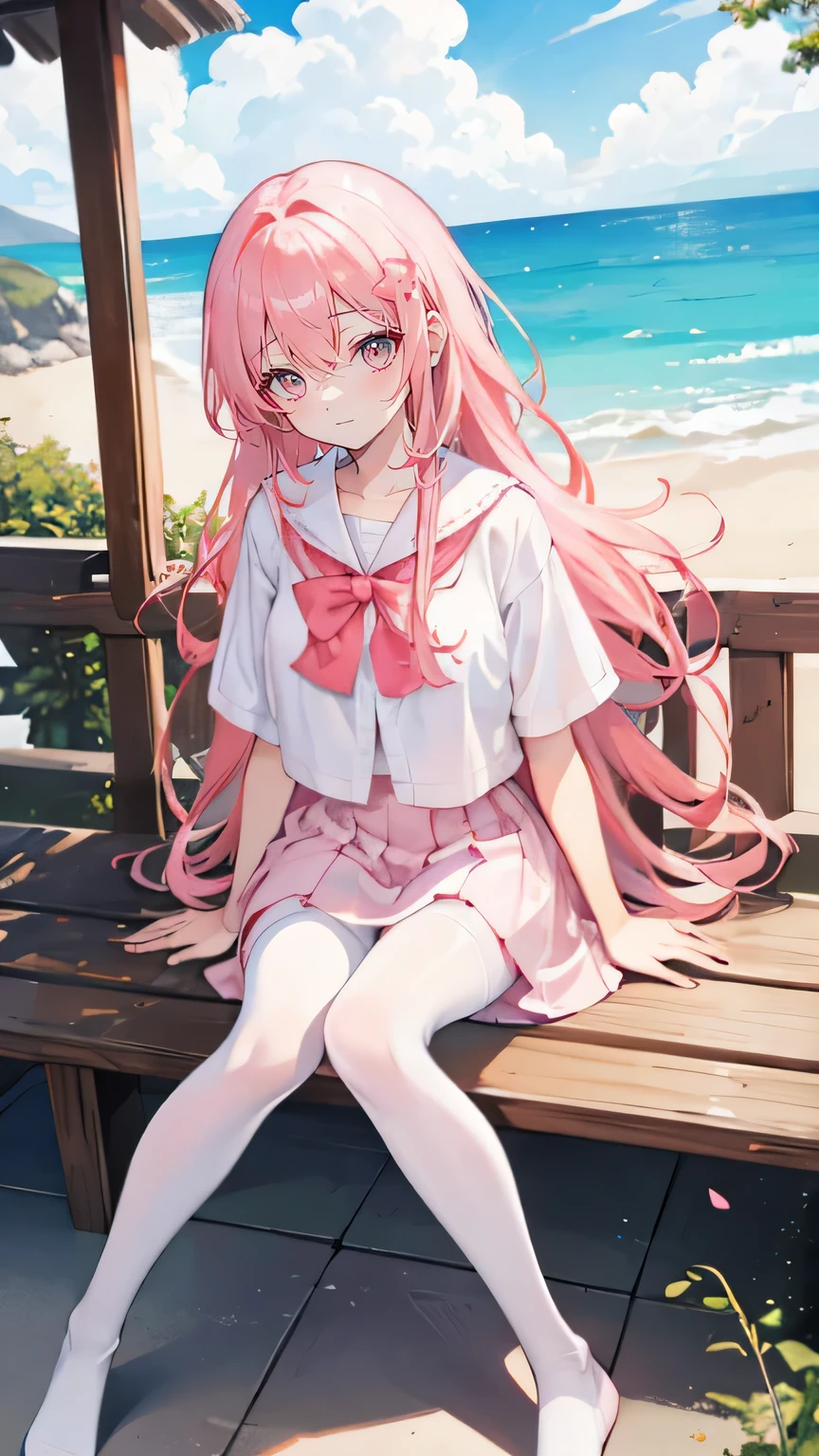 Coral pink hair,Long hair,hair over one eye,Gray eyes,feather hair ornament,cute,Girl,laughing expression,White short sleeve,Short skirt,White silk pantyhose,White silk pantyhose,No shoes on your feet,Sitting on the ground,whole body,Don't show your arms,In the background is a chalet by the sea,many clouds