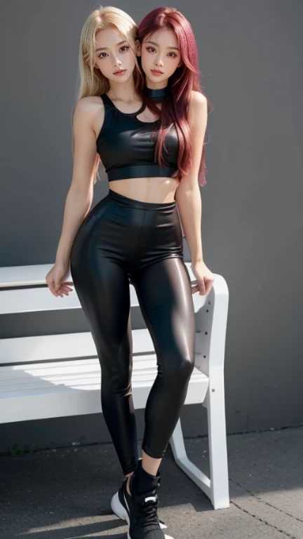 best resolution, 2 heads, Australian girl Instagram model two heads, 19 years old, youthful, wearing a pink top and black leggings standing on a bench, black leggings, jet black leggings, leggings, seamless, black leggings, toned, fit dainty figure, fit girl, two-piece workout clothes, pink and black, fit pic, wearing black tight clothing, tight fit, active, tight outfit, leggings, 19 years old, Instagram model, tight attire, blonde hair, red hair, black hair, different hair colors, full-body view, full body shot