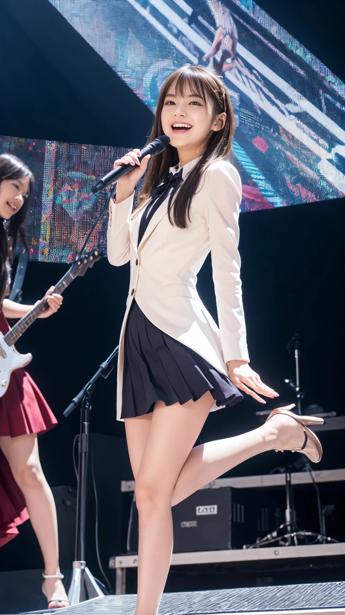 highest quality,masterpiece,Ultra-high resolution,(Actual:1.4),Original photo,Ultra-high resolution,8K,There is a woman,Fair skin,flash orange dress:1.5,High heels,Long legs:1.5,Bright and beautiful,high waist,Flashy makeup with red eyeshadow,Gray background,highest quality,masterpiece,Ultra-high resolution,(Actual:1.4),Original photo,Ultra-high resolution,8K,Wearing Nogizaka46 stage costumes,Fancy makeup with red eyeshadow,Big laughing smile,Short cut with delicate brown hair,A live costume of a high school girl's uniform mini skirt,Live costume: high school girl uniform jacket,She is jumping with her skirt rising up,Two girl idols,Concert Venues