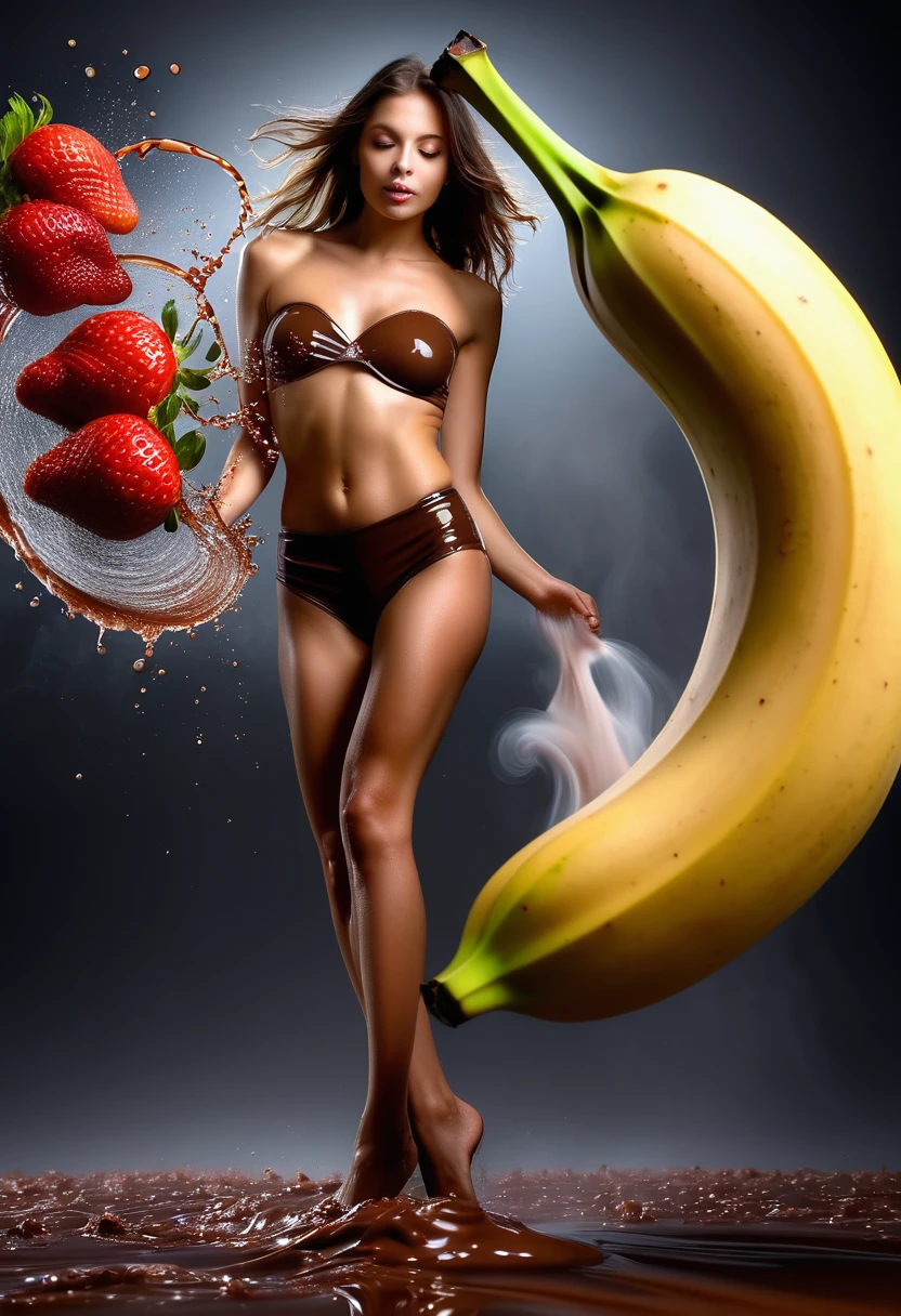 Best angle shot,relistic photo, (long exposure effect,moving effect,slow motion effect).
Surealism photo manipulation, a beautiful woman dinamic poses like a professional model merge with slince of an banana and strawberry, looking forward, photoshop manipulation.
full body shot, detailed and complicated, poster quality, up scale,
smoke,liquid chocolate milk splash effect,best magic reflection,fractal, best lighting, atmospheric impressionism, best tone photography, ultra HD 32K.