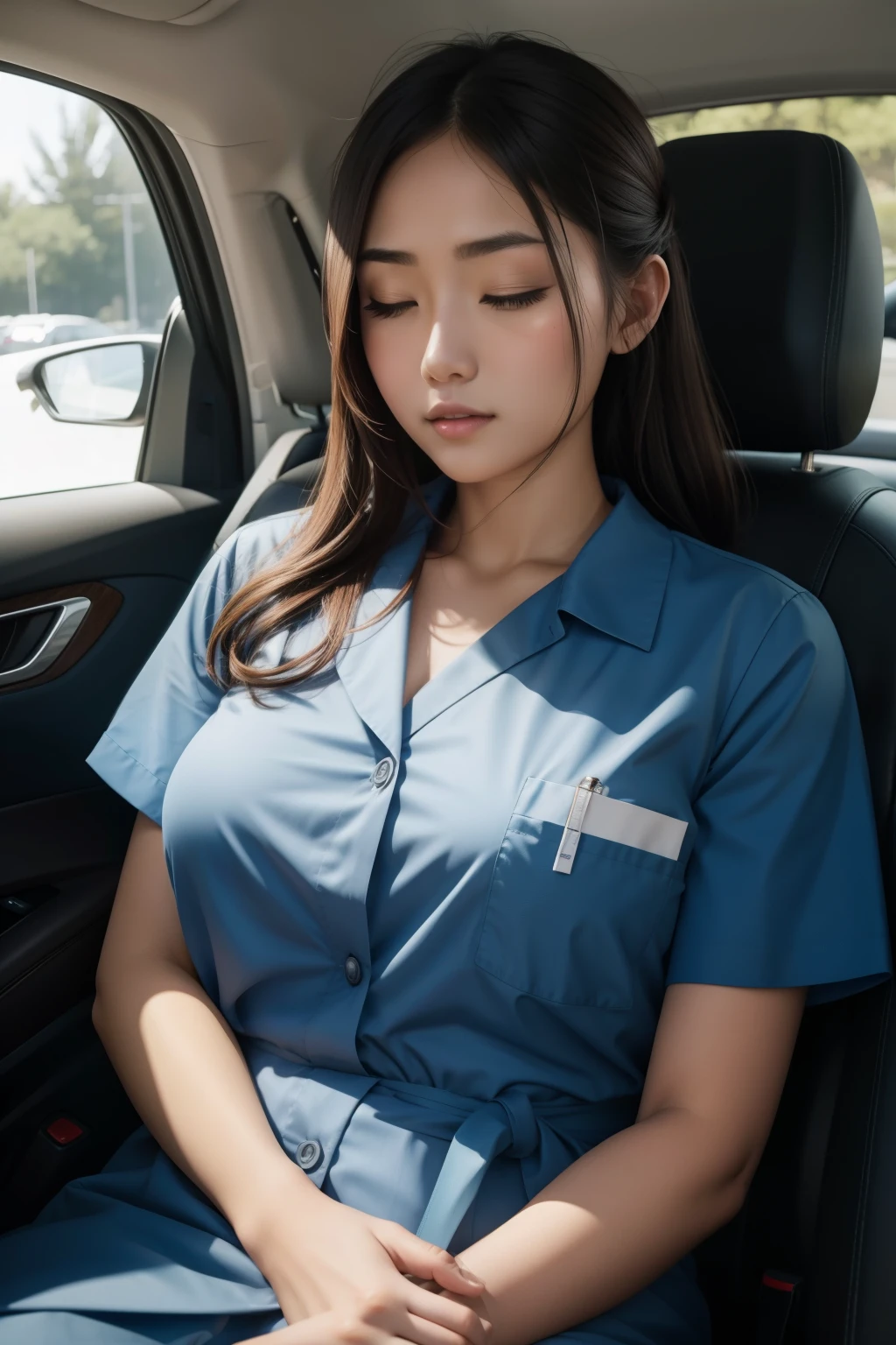 1 beautiful woman, large body, eyes closed, dressed as a nurse, asleep in the back seat of a car, resembling actress Karen Fukuhara
