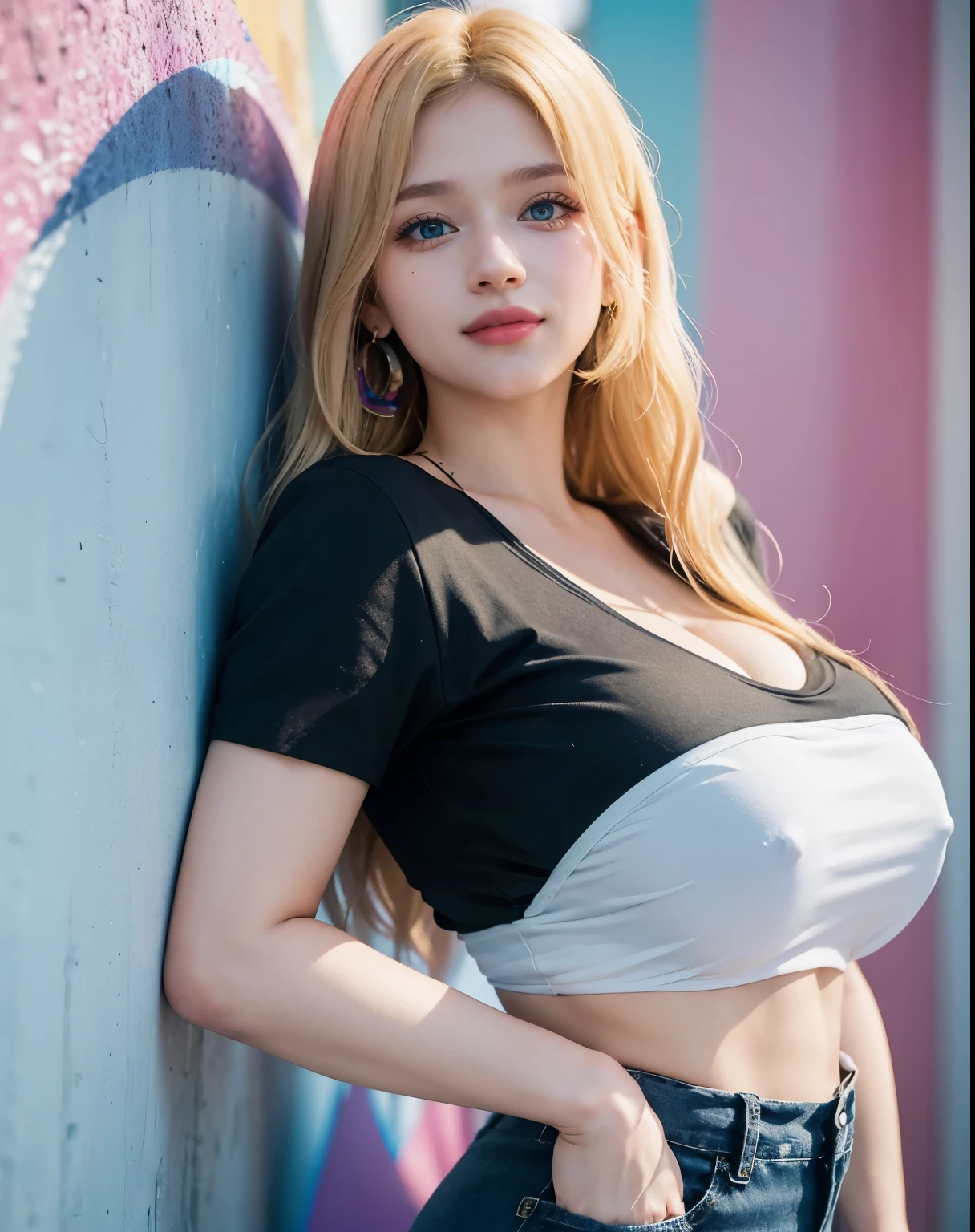 1girl, (Blue eyes), (smiling :1.2), (Sana Minatozaki), (colorful makeup :1.2), wide hips, Big tits :1.2, big ass, (Best Quality, 8k, Masterpiece: 1.3), Clear Focus: 1.2, Perfect Body Beauty: 1.4, Highly detailed face and skin texture, detailed eyes, double eyelids, (blonde long straight hair :1.2), cleavage Black T-shirt, jeans, statement earrings, jewelry, close-up, Upper body shot, background: colorful rainbow wall, Cool girl