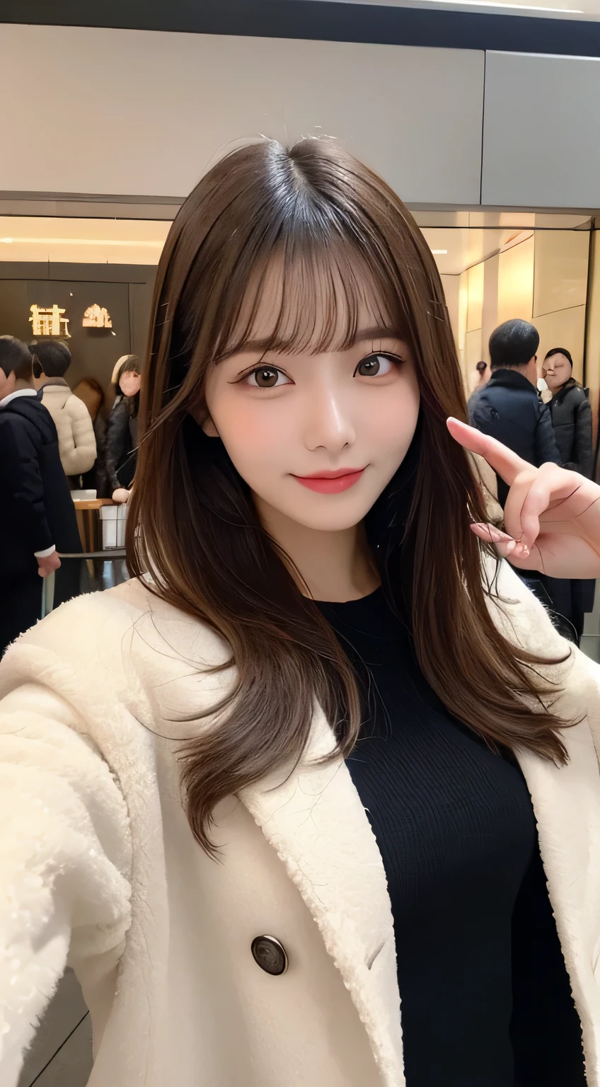 Tabletop, highest quality, shape, Very detailed, finely, High resolution, 8k wallpaper, perfect dynamic composition shape, Beautiful and detailed,Medium Hair,,Natural color lip, bold sexy pose,smile、20-year-old girl、cute、sexy shot looking at camera,Latest trends in Tokyo winter clothing、Luxury brand mink coat(black),Beautifully detailed face,Beautiful double eyelids,Perfect and beautiful face,Small face,Big eyes,Slim face and body,Use your whole body to create fun and happy poses