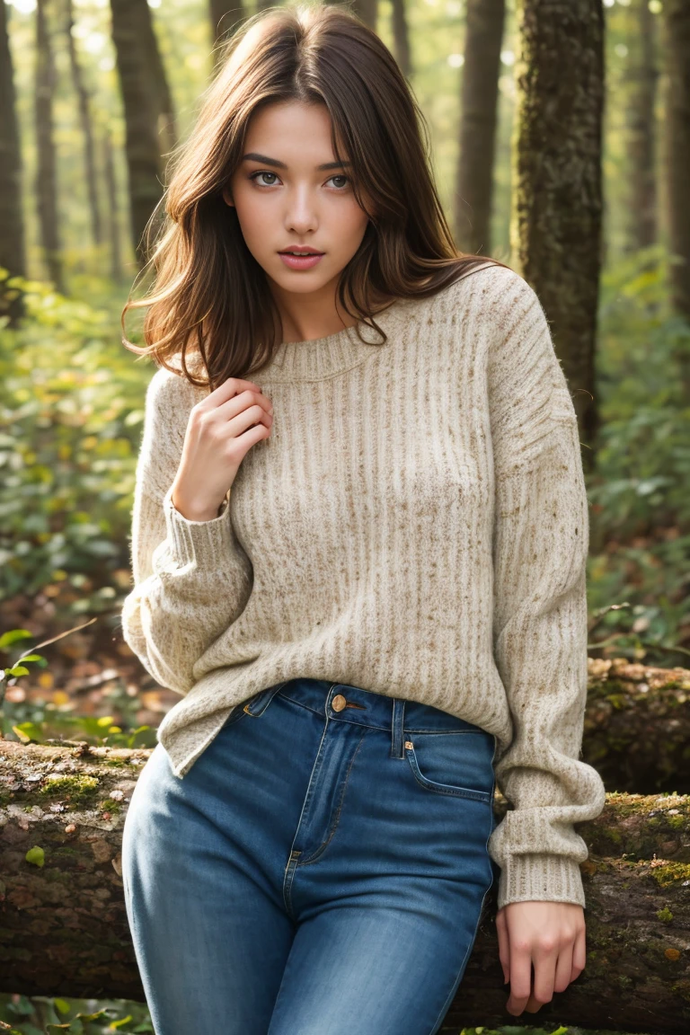 (bestquality,realistic:1.2),(brunette hair:1.1),(French:1.1),(sexy:1.1),(slim figure:1.1),(18 years old:1.1),(handcuffed:1.1),(sweater:1.1),(rolled-up sleeves:1.1),(hands up:1.1),(visible legs:1.1),(open mouth:1.1),illustration,forest,detailed eyes,detailed lips,high definition,professional lighting,vivid color