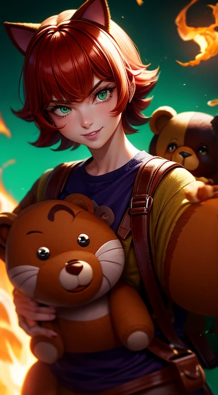 Green Eyes, annie, Red Hair, smiling, brown leather backpack, short hair, fake cat ears, long bangs, fire, teddy bear, tibbers, purple shirt, flame, throwing, close up