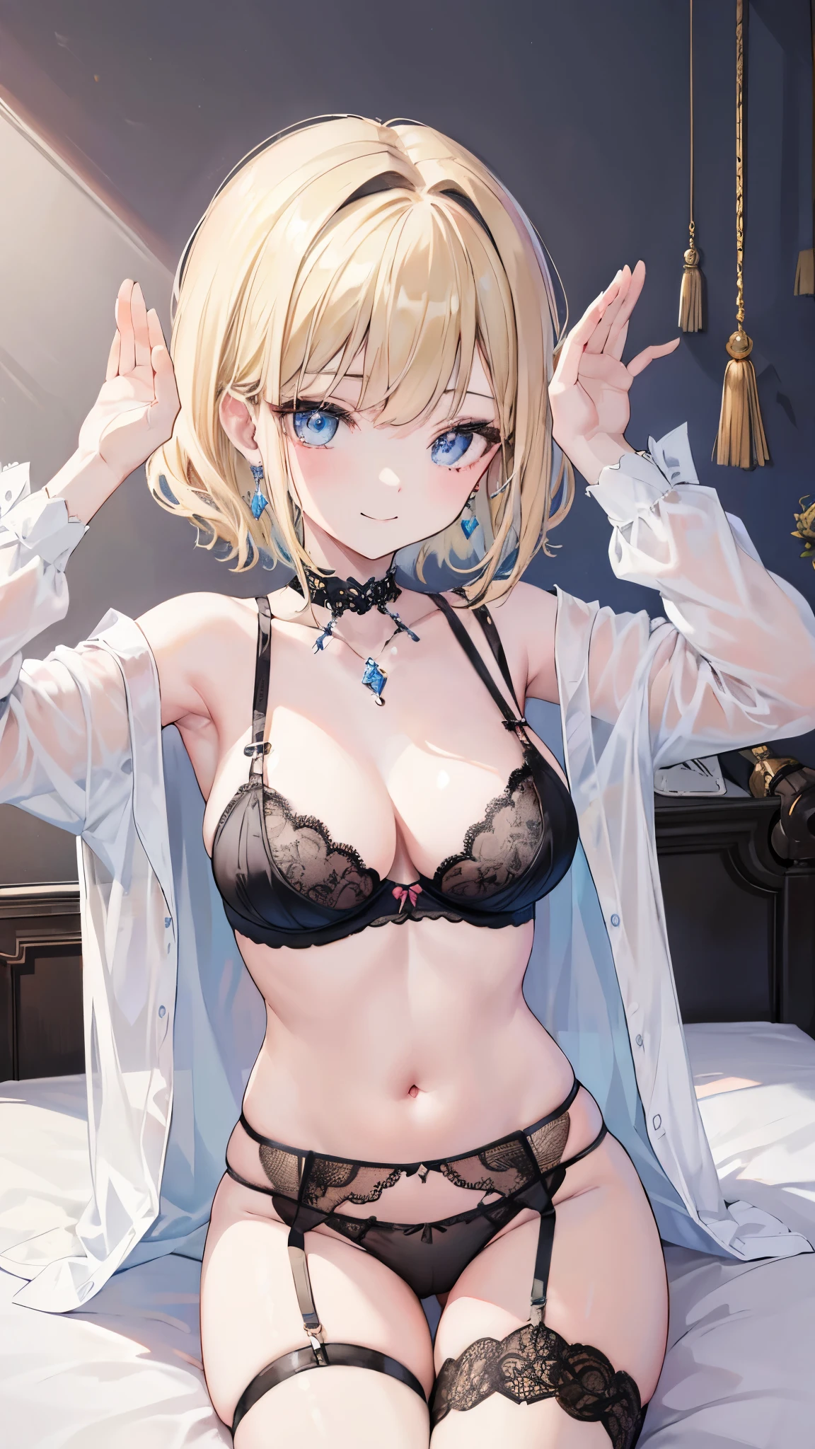 (masterpiece、highest quality、Super detailed)、One girl、Blonde、short hair、Wavy Hair、light blue eyes、Earrings、evil smile、Moderate chest、((black bra))、((black panties))、((garter straps))、Cowboy Shot、rabbit pose、arms up、Sit on the bed、Bedroom Background