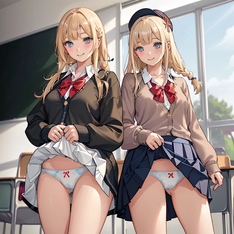 ((2 girls))、(smile:1.5)、Small breasts、(Cowboy Shot)、(fun!!)、(cardigan)、(Blonde)、(blush:1.4)、、(single braid)、(Eye highlights:1.3)、blake black shoes,(黒いskirt)、bow, button, shirt with collar, Long sleeve, ((red bow tie, , Black jacket, Open jacket, 茶色のcardigan, white shirt, 黒のskirt, チェック柄のskirt、white socks)),, shirt,, skirt, socks, Thighs, white shirt, Rest indoors, ((classroom:1.5))、 BREAK while watching the audience、(skirtを掴む:1.0)、 (Perfect hands, Perfect Anatomy),Cowboy Shot、(skirt lift:1.3),(Highly detailed panties:1.3)、(Highly detailed white panties:1.3)、、(skirt that rolls up:1.3)、(Full-fledged panties:1.5)、Light blue eyes、