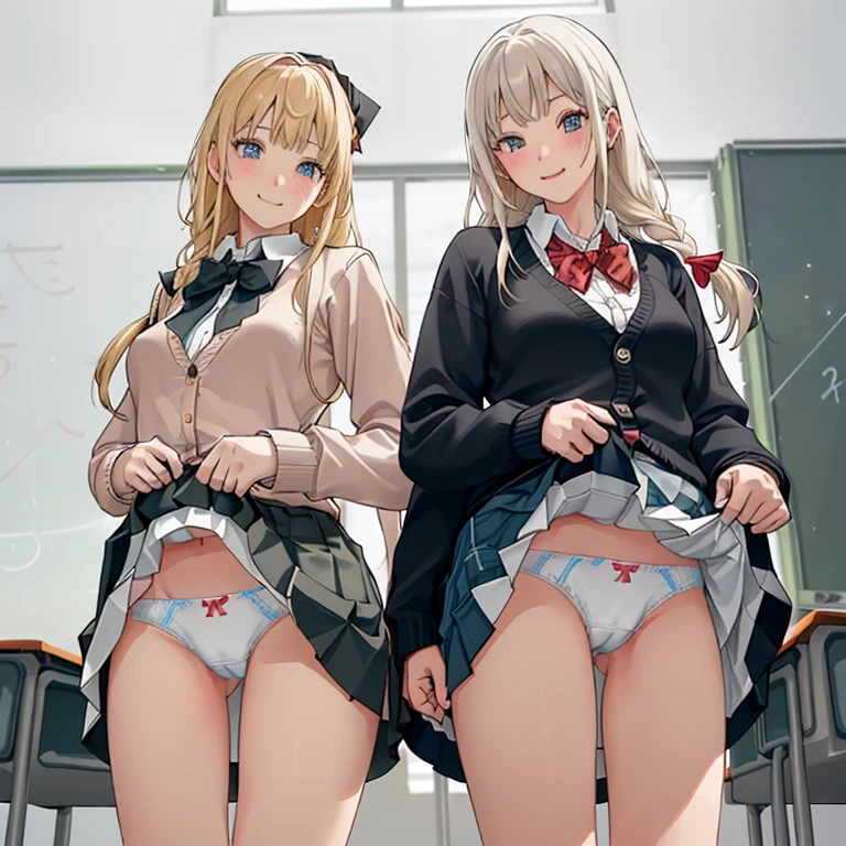 ((2 girls))、(smile:1.5)、Small breasts、(Cowboy Shot)、(fun!!)、(cardigan)、(Blonde)、(blush:1.4)、、(single braid)、(Eye highlights:1.3)、blake black shoes,(黒いskirt)、bow, button, shirt with collar, Long sleeve, ((red bow tie, , Black jacket, Open jacket, 茶色のcardigan, white shirt, 黒のskirt, チェック柄のskirt、white socks)),, shirt,, skirt, socks, Thighs, white shirt, Rest indoors, ((classroom:1.5))、 BREAK while watching the audience、(skirtを掴む:1.0)、 (Perfect hands, Perfect Anatomy),Cowboy Shot、(skirt lift:1.3),(Highly detailed panties:1.3)、(Highly detailed white panties:1.3)、、(skirt that rolls up:1.3)、(Full-fledged panties:1.5)、Light blue eyes、