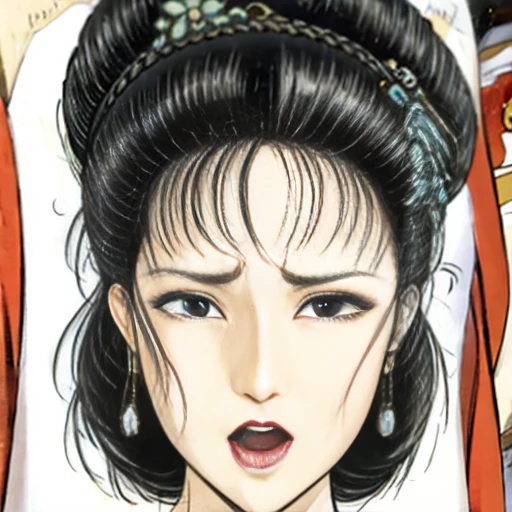 SFW,mature female,{full_nude},{full_body},big nipple,Pubic hair of the same color as the hair,red cheek, crying, open mouth,skinny,chinese traditional style bed,{best quality}, {very aesthetic}, {ultra-detailed}, {best illustration},masturbation