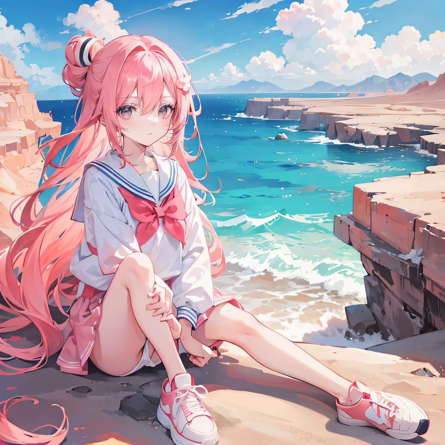 Coral pink hair，Long hair，hair over one eye，Gray eyes，feather hair ornament，girl，cute，，Sailor Suit，Wearing sneakers，whole body，Don't show your arms，The background is in the desert，desert，Blue sky and white clouds