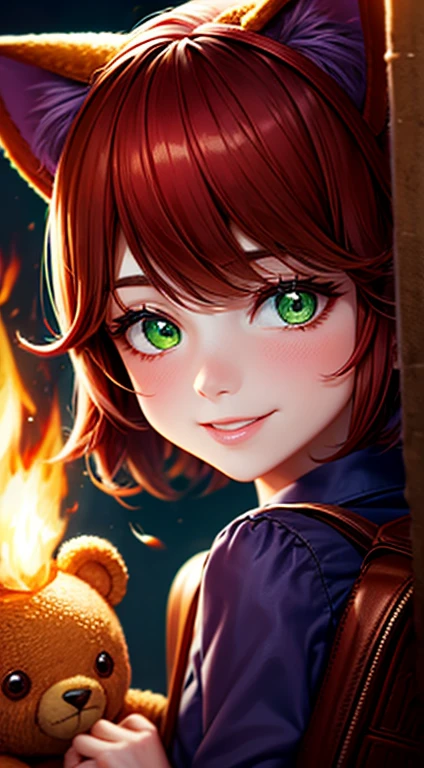 Green Eyes, annie, Red Hair, smiling, brown leather backpack, short hair, fake cat ears, long bangs, fire, teddy bear, tibbers, purple shirt, flame, throwing, close up